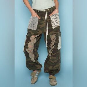 153B. Camo Vintage Wash Crochet Detail Joggers - Green
